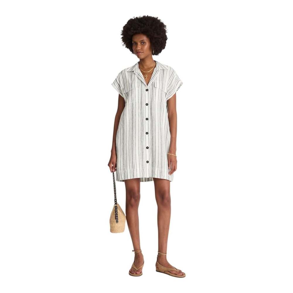 Madewell NWT 100% Linen Striped Mini Shirt Dress, Size S — Blue & White